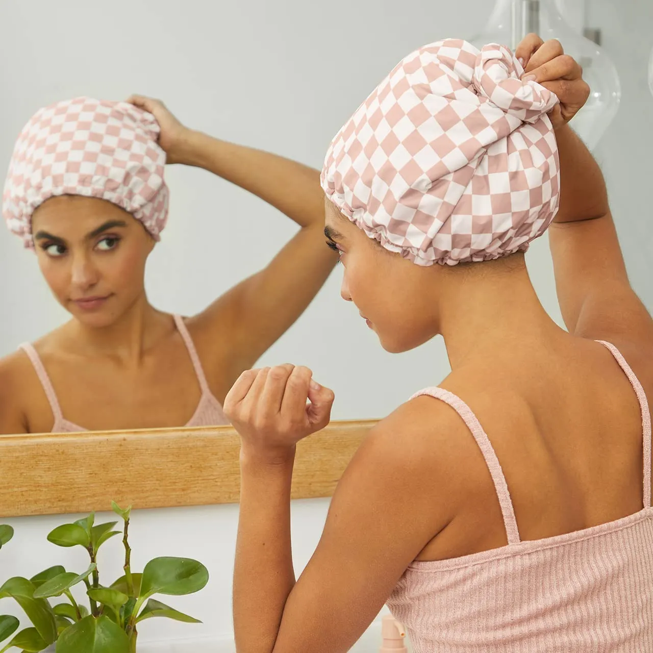 Kitsch Luxury Shower Caps for Women Reusable Waterproof - Flexi Satin Lined, Large Shower Cap for Men, Non-slip, Quick-dry, Adjustable, Stylish Hair Cap for Long & Short Hair - Terracotta Checker