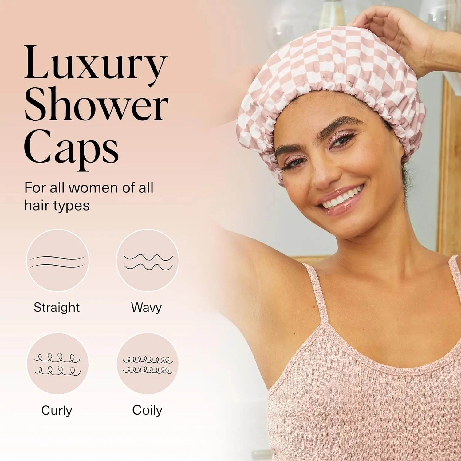 Kitsch Luxury Shower Caps for Women Reusable Waterproof - Flexi Satin Lined, Large Shower Cap for Men, Non-slip, Quick-dry, Adjustable, Stylish Hair Cap for Long & Short Hair - Terracotta Checker