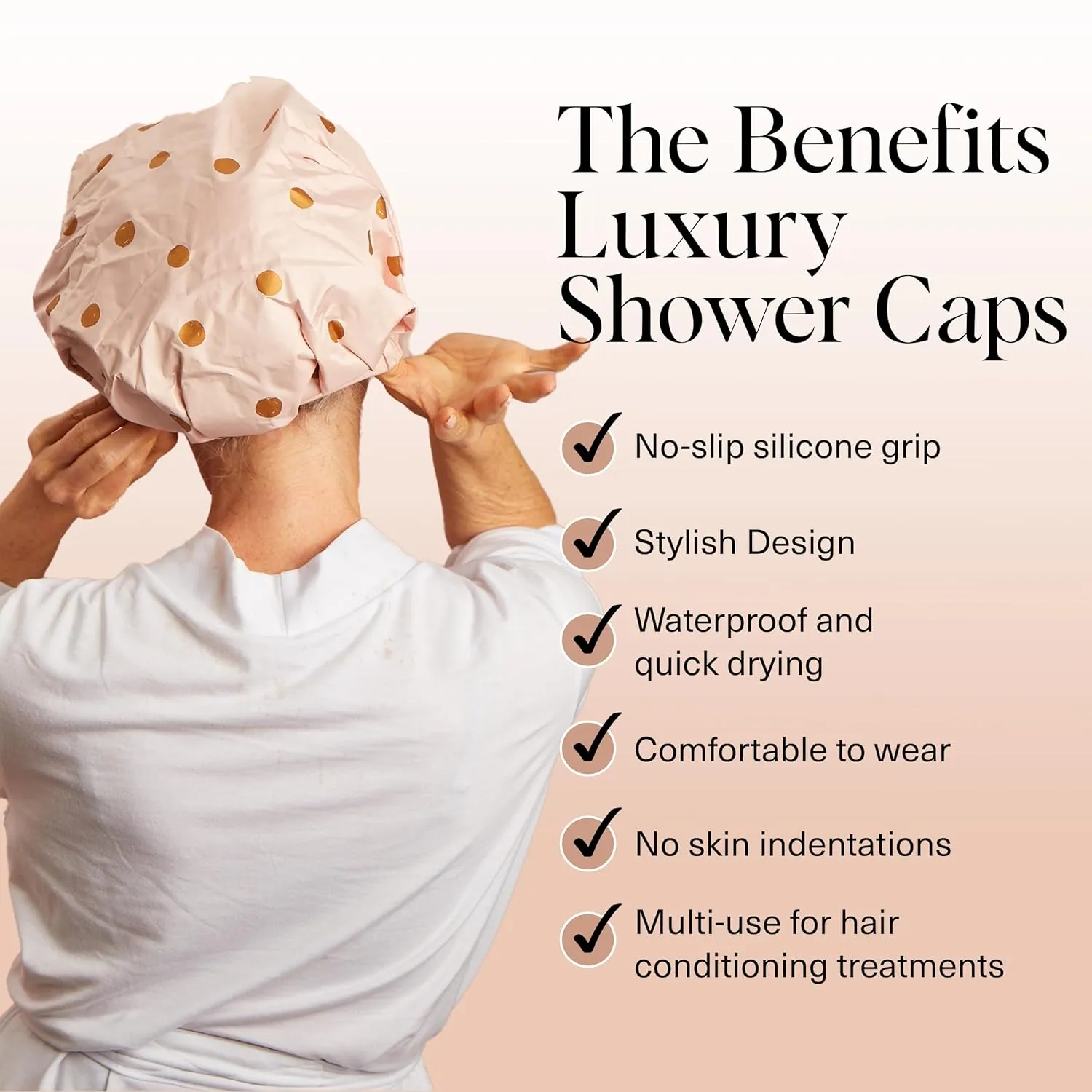 Kitsch Luxury Shower Caps for Women Reusable Waterproof - Large Shower Cap for Women, Non-slip, Quick-dry Hair Cap for Long and Short Hair, Comfortable and Stylish Design - Blush Dot