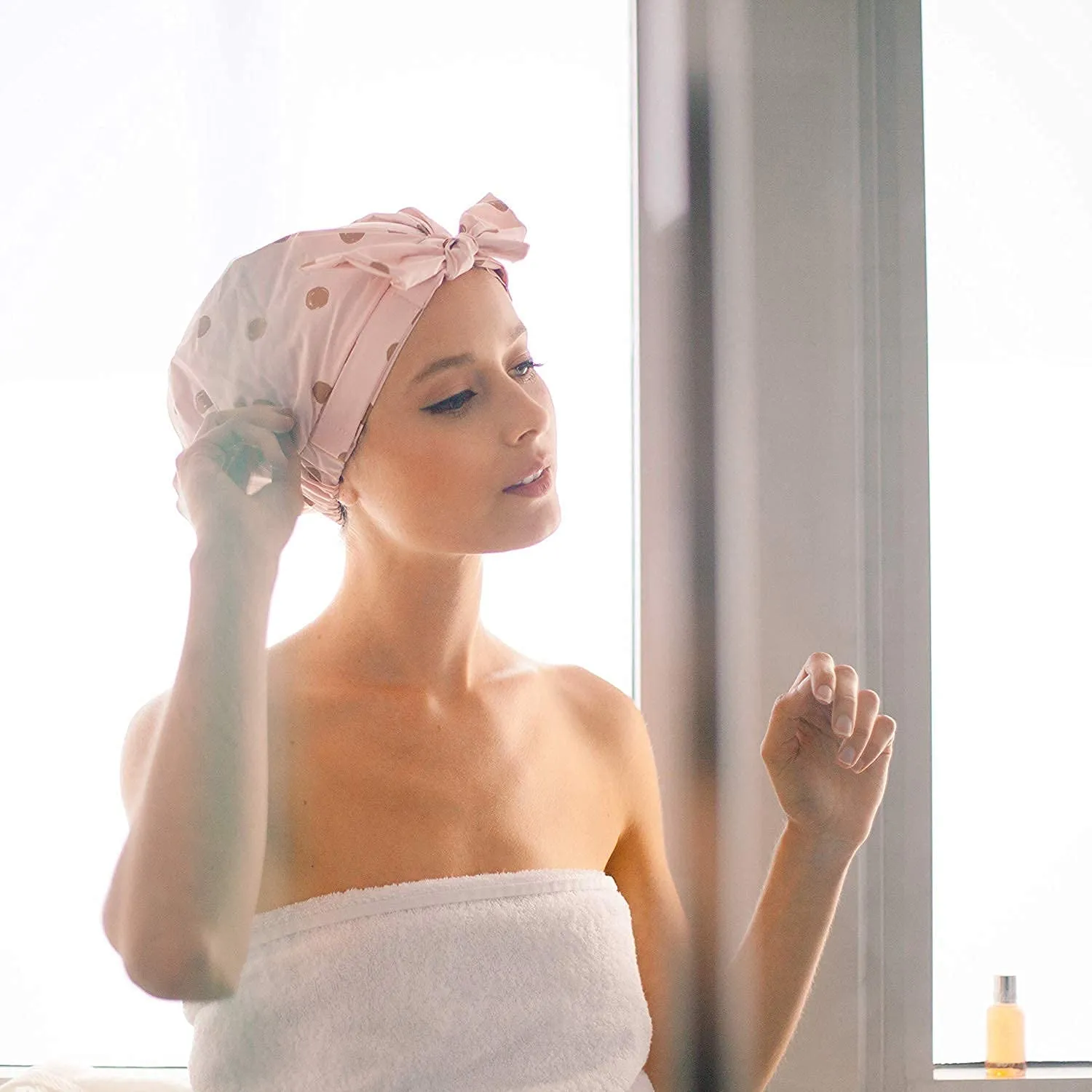 Kitsch Luxury Shower Caps for Women Reusable Waterproof - Large Shower Cap for Women, Non-slip, Quick-dry Hair Cap for Long and Short Hair, Comfortable and Stylish Design - Blush Dot