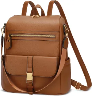 KKXIU Backpack Purse for Women - Multi-pocket Leather backpack for Travel, Work & School with Anti-Theft Lock Pocket, Luggage Strap & Water Bottle Pockets - 13x14x5.2 Inch, 1.67lb (Brown)