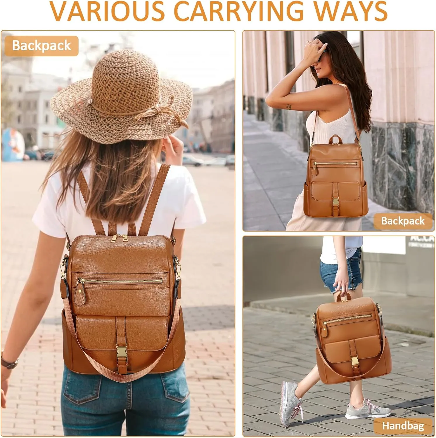 KKXIU Backpack Purse for Women - Multi-pocket Leather backpack for Travel, Work & School with Anti-Theft Lock Pocket, Luggage Strap & Water Bottle Pockets - 13x14x5.2 Inch, 1.67lb (Brown)