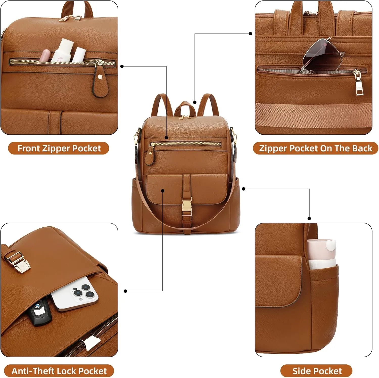 KKXIU Backpack Purse for Women - Multi-pocket Leather backpack for Travel, Work & School with Anti-Theft Lock Pocket, Luggage Strap & Water Bottle Pockets - 13x14x5.2 Inch, 1.67lb (Brown)