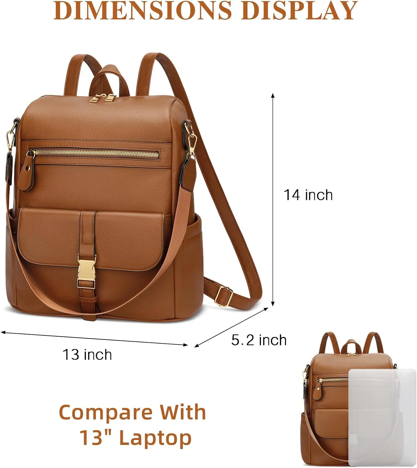 KKXIU Backpack Purse for Women - Multi-pocket Leather backpack for Travel, Work & School with Anti-Theft Lock Pocket, Luggage Strap & Water Bottle Pockets - 13x14x5.2 Inch, 1.67lb (Brown)