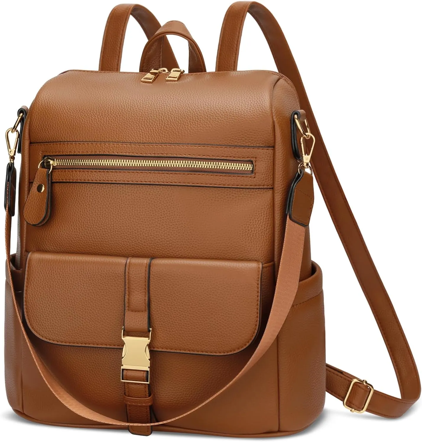 KKXIU Backpack Purse for Women - Multi-pocket Leather backpack for Travel, Work & School with Anti-Theft Lock Pocket, Luggage Strap & Water Bottle Pockets - 13x14x5.2 Inch, 1.67lb (Brown)