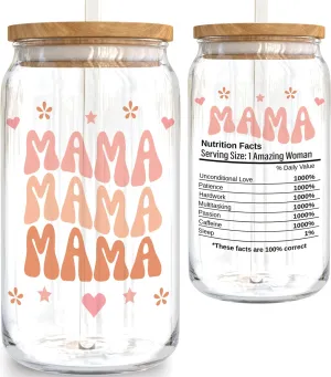 KLUBI Mama Gifts for Mothers Day from Daughter - Mom Glass Tumbler 16 Ounce Mama Cups Tumbler with Straw - Birthday Gift for Mom Iced Coffee Glass Nutritional Facts