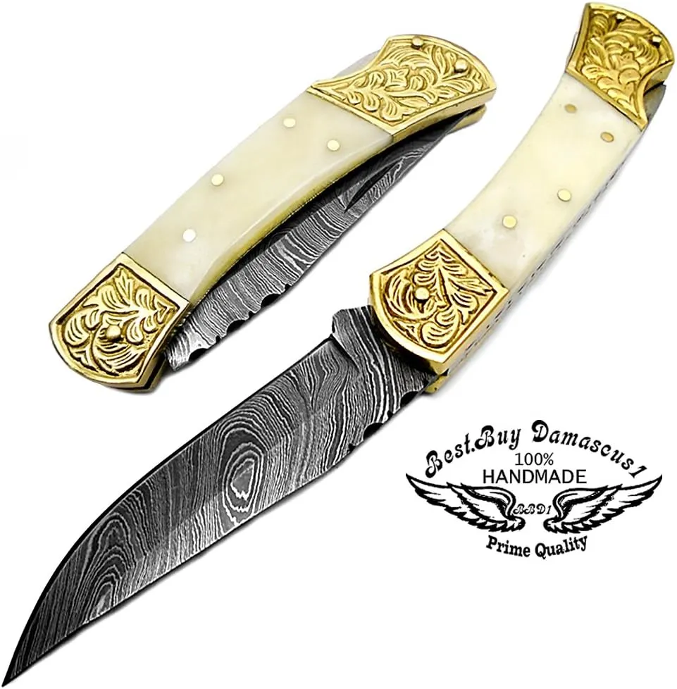 Knife Camel Bone Brass Double Bloster Hunting Folding Knife With Scrimshaw Work 7.6'' Handmade Damascus Steel Folding Pocket Knife With Back Lock Prime Quality