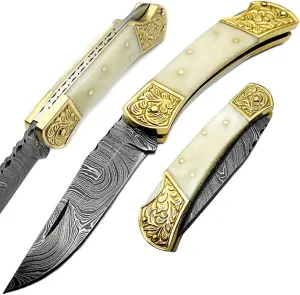Knife Camel Bone Brass Double Bloster Hunting Folding Knife With Scrimshaw Work 7.6'' Handmade Damascus Steel Folding Pocket Knife With Back Lock Prime Quality