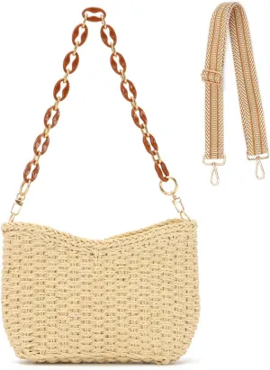 KUANG! Straw Woven Shoulder Bag for Women Summer Beach Tote Bag Crossbody Handbag Satchel Chain Purse