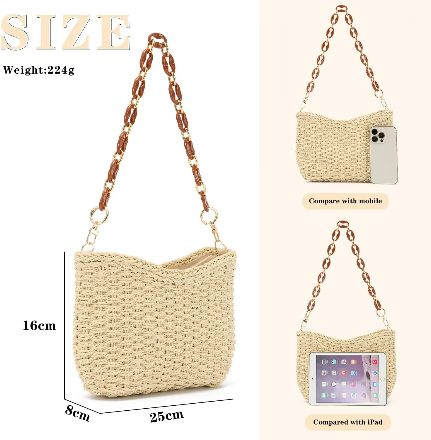 KUANG! Straw Woven Shoulder Bag for Women Summer Beach Tote Bag Crossbody Handbag Satchel Chain Purse