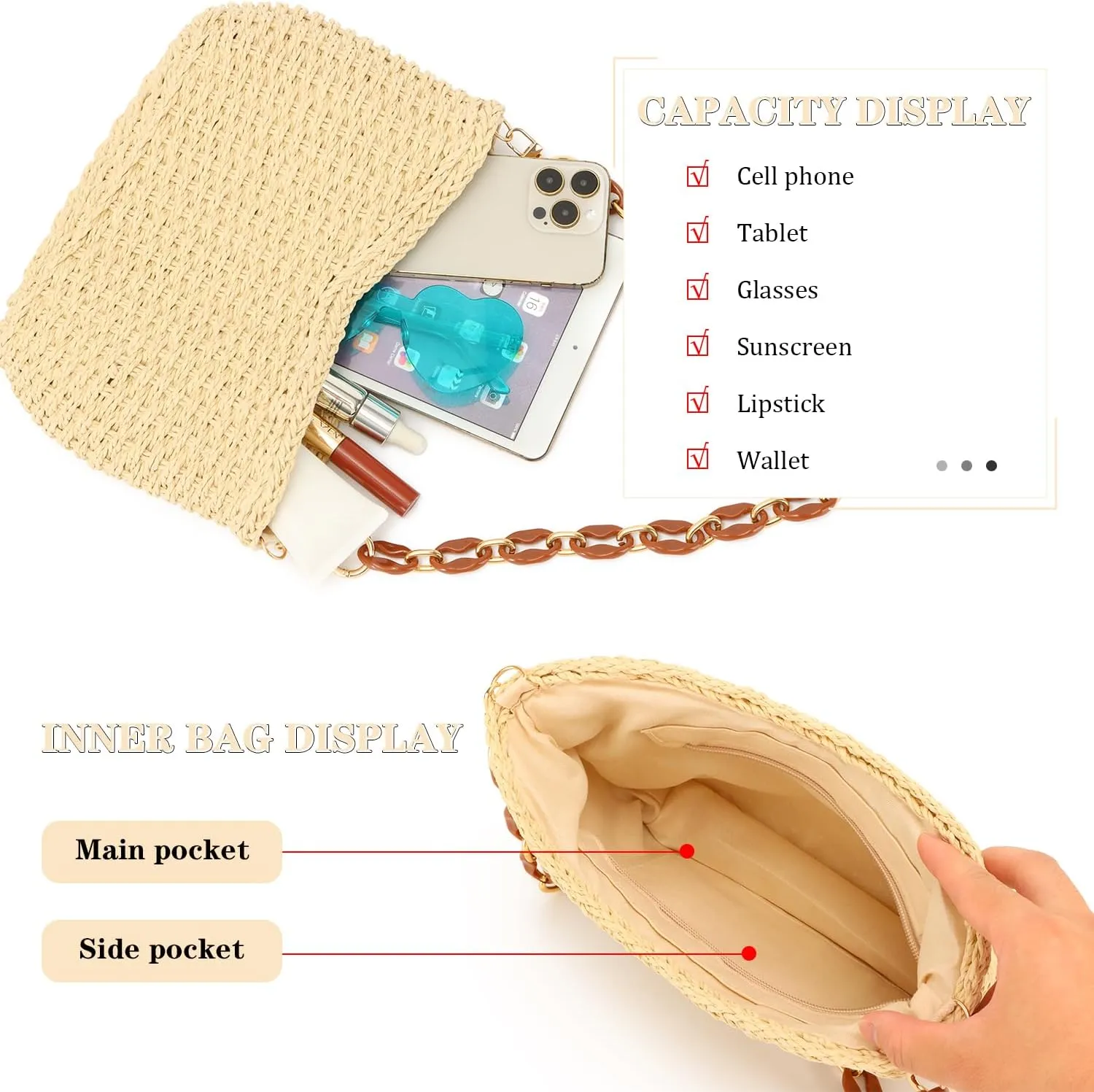 KUANG! Straw Woven Shoulder Bag for Women Summer Beach Tote Bag Crossbody Handbag Satchel Chain Purse