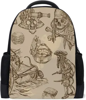 Kuizee Classic Backpack Schoolbag Adjustable Padded Shoulder Straps Daypack ﻿Pirates Buccaneers Sailors Kraken Draft Sketch Casual Bags Durable College Daily 16Inch