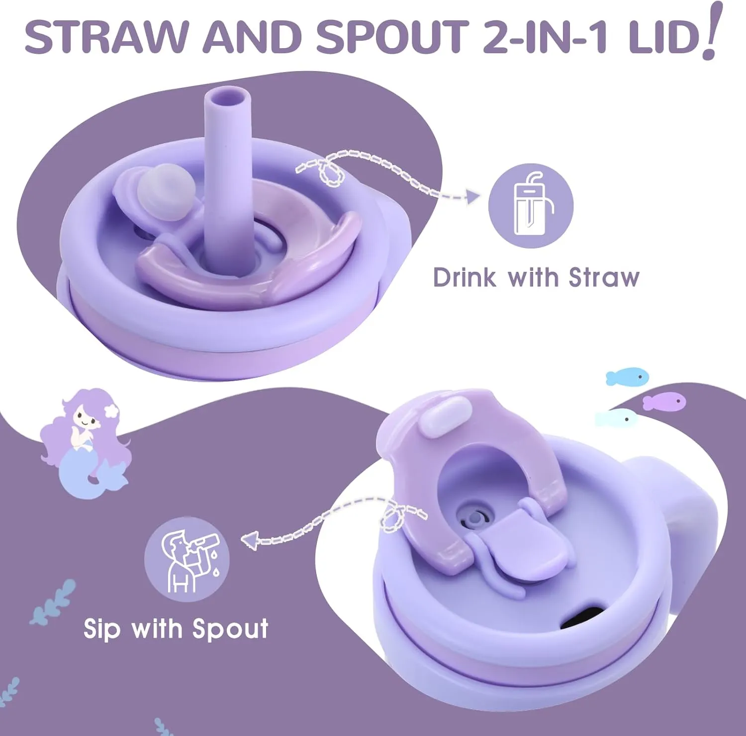 KXIAOCHEN 14 oz Kids Tumbler with Handle for spill proof Insulated Stainless Steel Reusable Tumbler for Toddlers, Keeps Drinks Cold up to 24 Hrs，Purple Mermaid