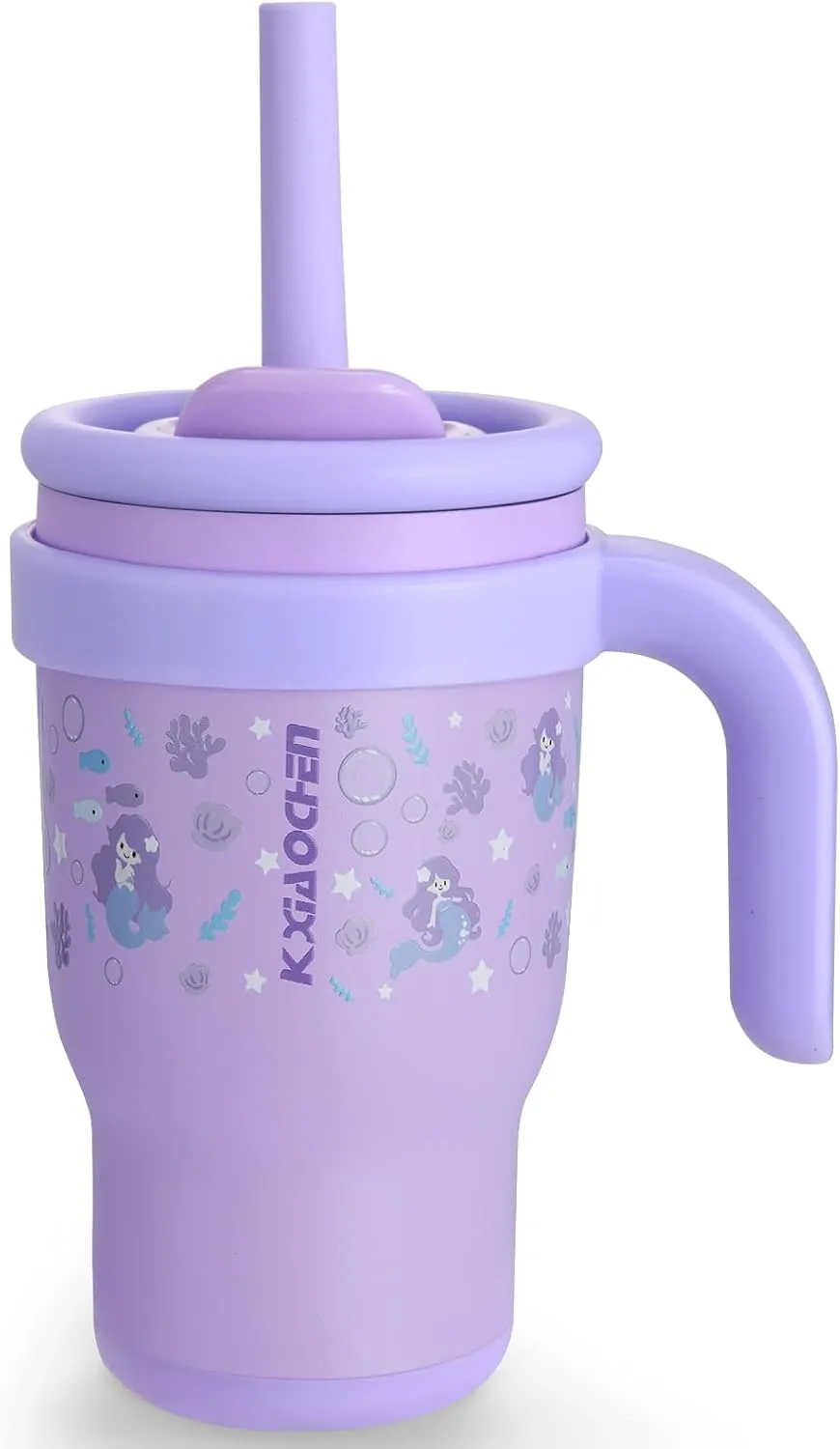 KXIAOCHEN 14 oz Kids Tumbler with Handle for spill proof Insulated Stainless Steel Reusable Tumbler for Toddlers, Keeps Drinks Cold up to 24 Hrs，Purple Mermaid