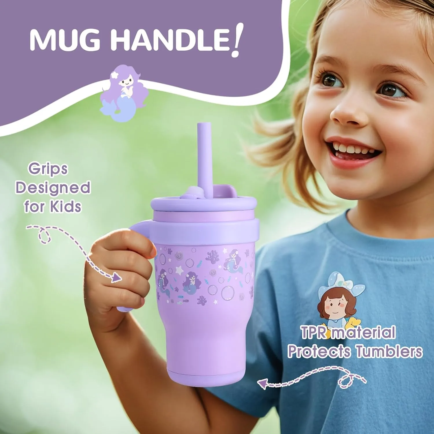 KXIAOCHEN 14 oz Kids Tumbler with Handle for spill proof Insulated Stainless Steel Reusable Tumbler for Toddlers, Keeps Drinks Cold up to 24 Hrs，Purple Mermaid