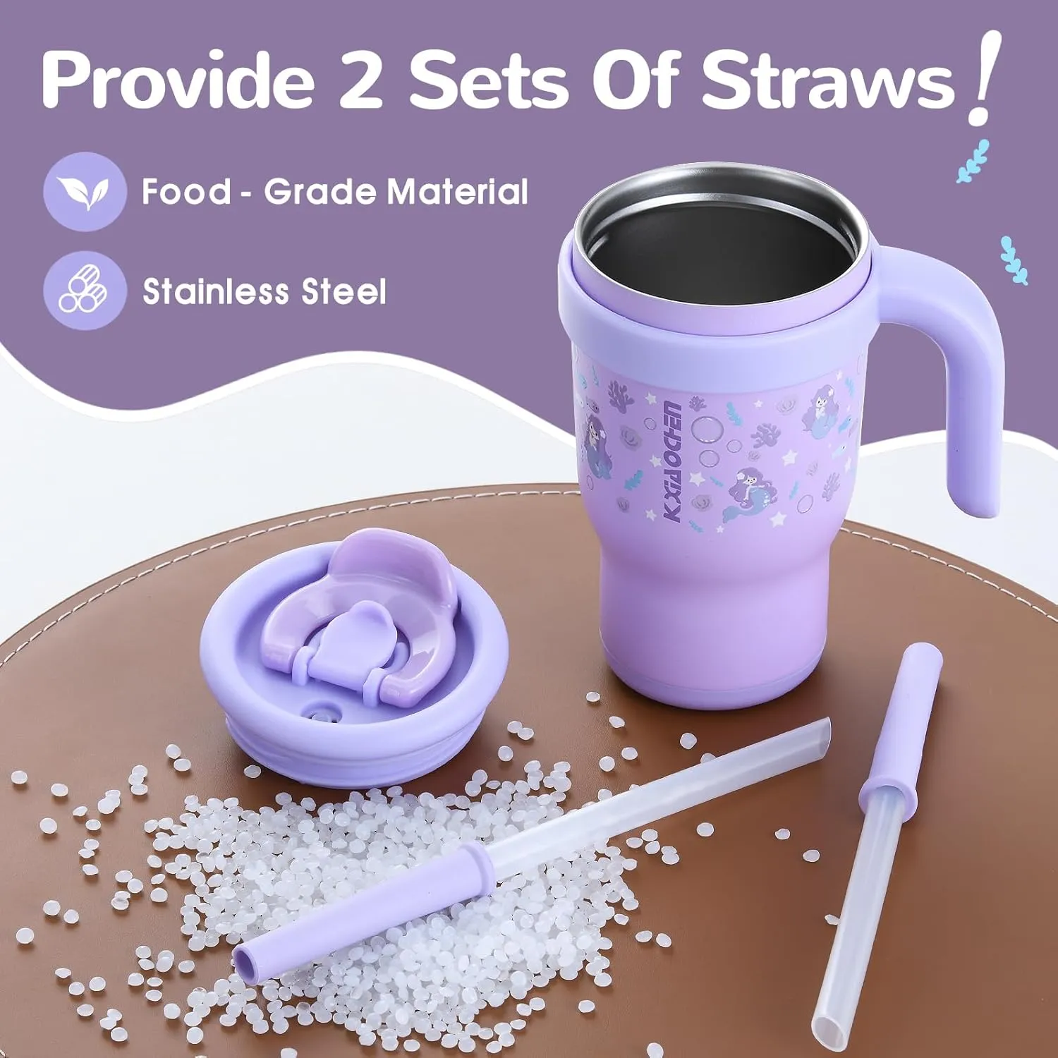 KXIAOCHEN 14 oz Kids Tumbler with Handle for spill proof Insulated Stainless Steel Reusable Tumbler for Toddlers, Keeps Drinks Cold up to 24 Hrs，Purple Mermaid