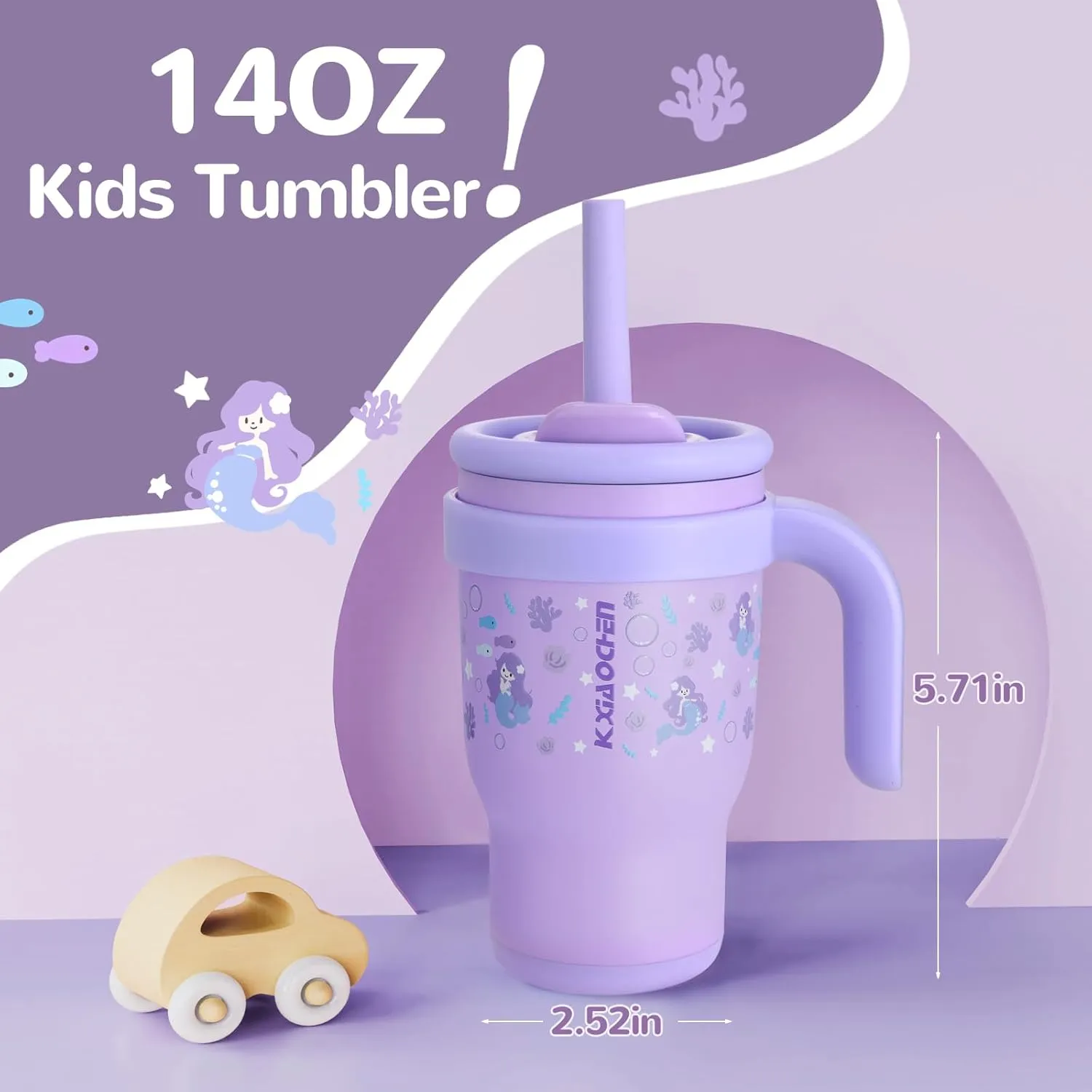 KXIAOCHEN 14 oz Kids Tumbler with Handle for spill proof Insulated Stainless Steel Reusable Tumbler for Toddlers, Keeps Drinks Cold up to 24 Hrs，Purple Mermaid
