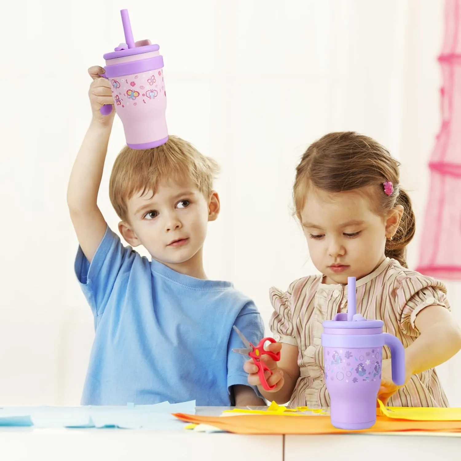 KXIAOCHEN 14 oz Kids Tumbler with Handle for spill proof Insulated Stainless Steel Reusable Tumbler for Toddlers, Keeps Drinks Cold up to 24 Hrs，Purple Mermaid