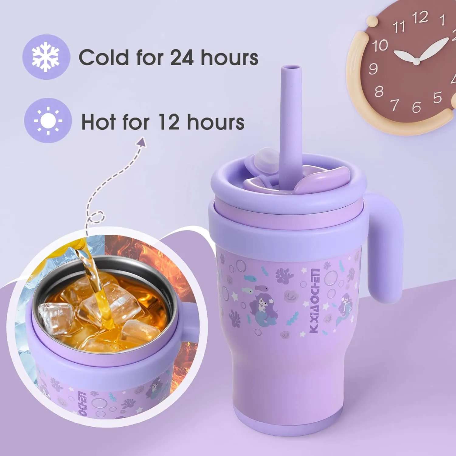 KXIAOCHEN 14 oz Kids Tumbler with Handle for spill proof Insulated Stainless Steel Reusable Tumbler for Toddlers, Keeps Drinks Cold up to 24 Hrs，Purple Mermaid