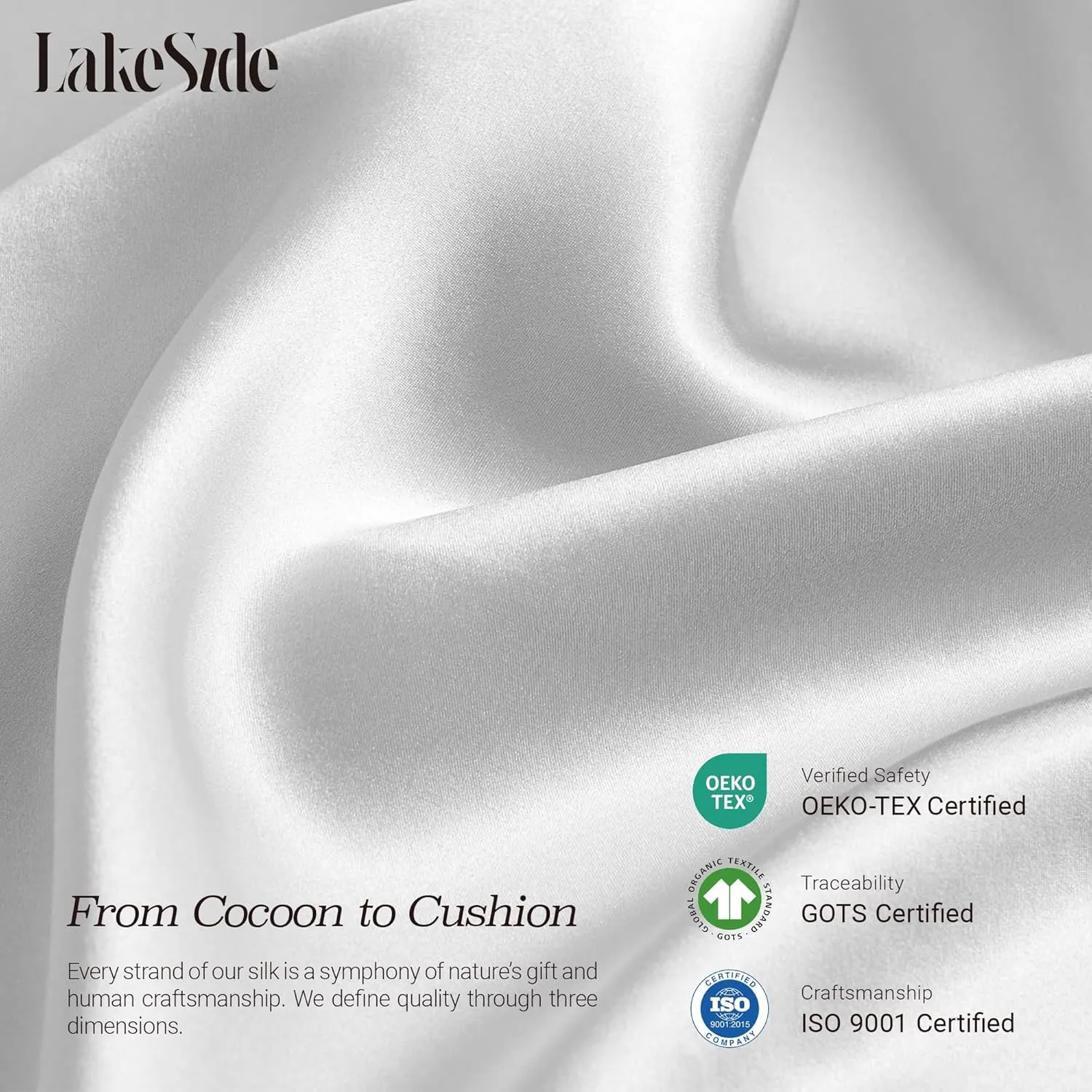 Lakeside Silk 100% Pure Mulberry Silk Pillowcase - 22 Momme 6A Grade - Nighttime Skincare & Hair Care Hydrating Pillow Cover - Sponge Wash Bag Included - Best Gift (Ice Flow, Queen (20"x30"))