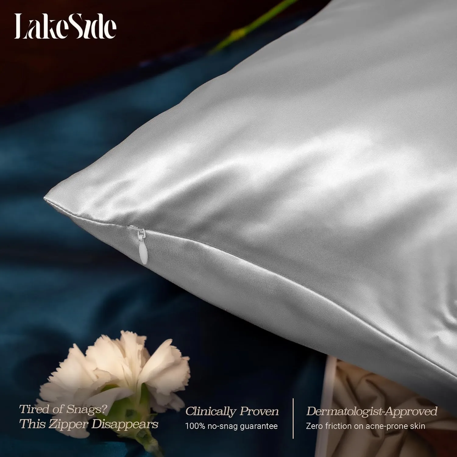 Lakeside Silk 100% Pure Mulberry Silk Pillowcase - 22 Momme 6A Grade - Nighttime Skincare & Hair Care Hydrating Pillow Cover - Sponge Wash Bag Included - Best Gift (Ice Flow, Queen (20"x30"))