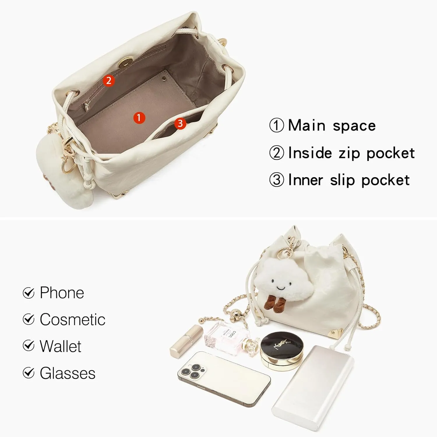 LAORENTOU Suede Designer Crossbody Bag for Women, Bucket Style Shoulder Bag for Ladies, Medium Size Purse with Chain Strap