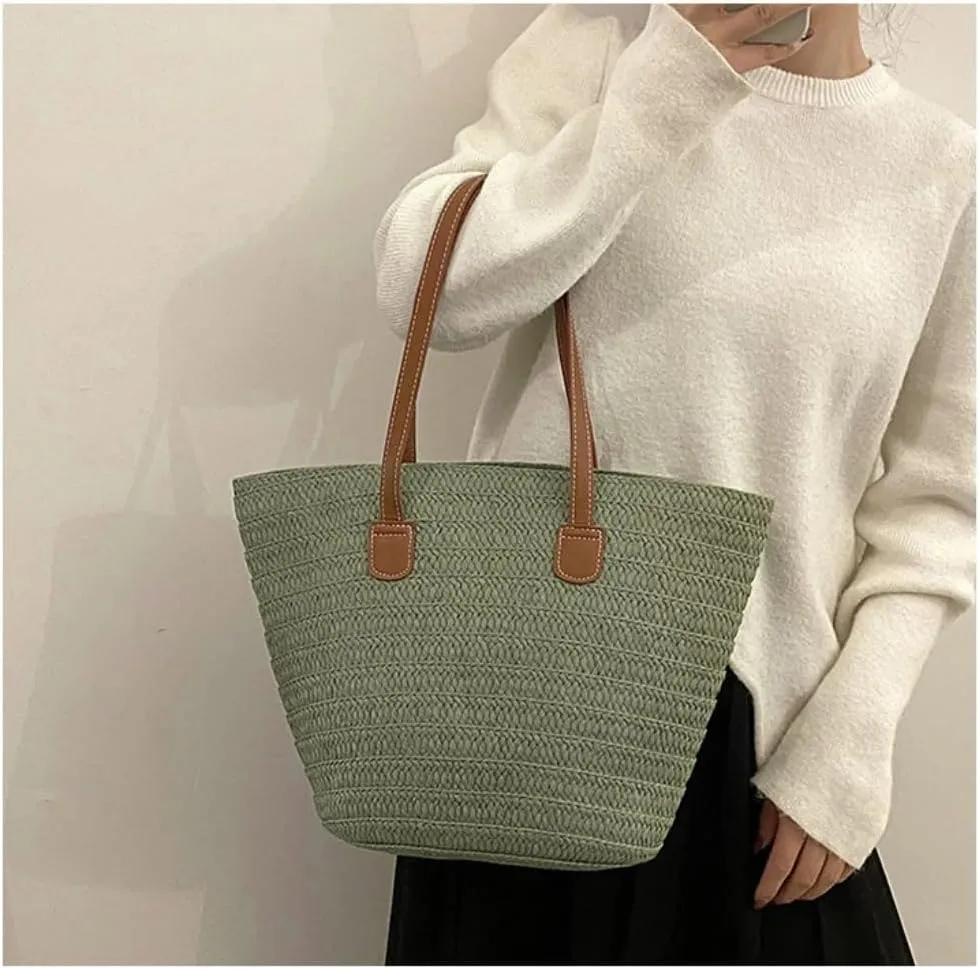 Large capacity Bag Colorful and Simple Straw Bucket - shaped Handbag: Enjoy Leisurely Outing Time Ladies shoulder Bag