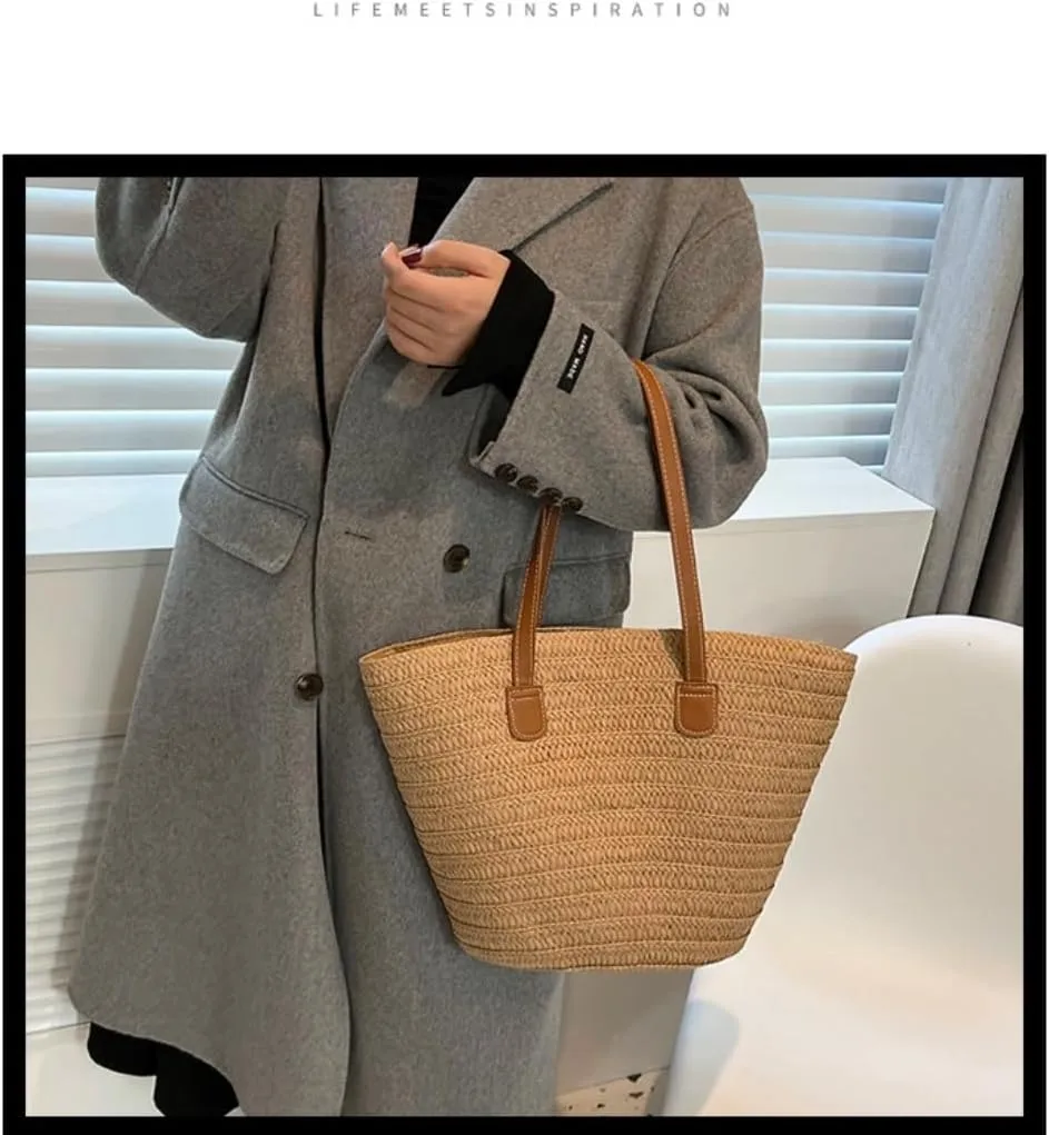 Large capacity Bag Colorful and Simple Straw Bucket - shaped Handbag: Enjoy Leisurely Outing Time Ladies shoulder Bag