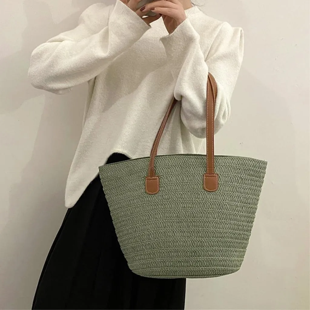Large capacity Bag Colorful and Simple Straw Bucket - shaped Handbag: Enjoy Leisurely Outing Time Ladies shoulder Bag