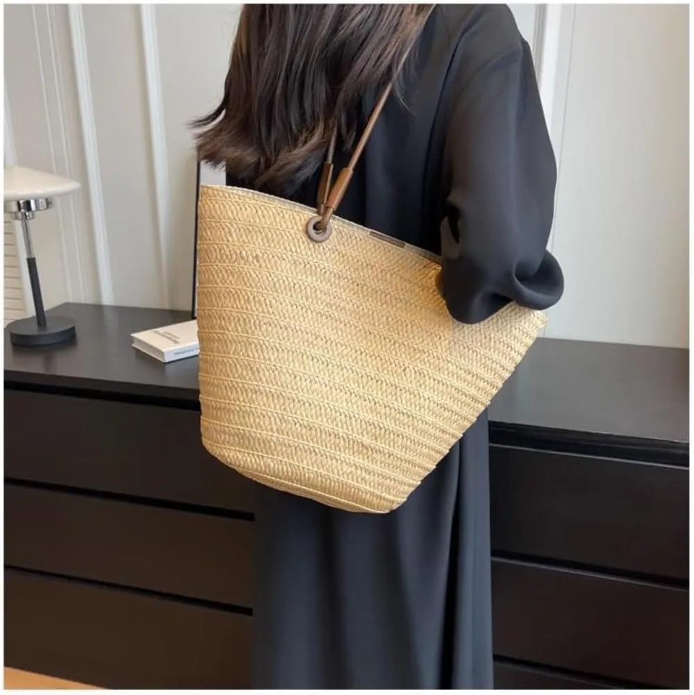 Large capacity Bag Colorful and Simple Straw Bucket - shaped Handbag: Enjoy Leisurely Outing Time Ladies shoulder Bag