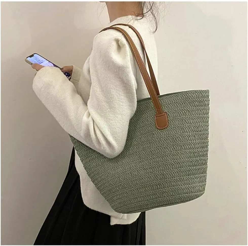 Large capacity Bag Colorful and Simple Straw Bucket - shaped Handbag: Enjoy Leisurely Outing Time Ladies shoulder Bag