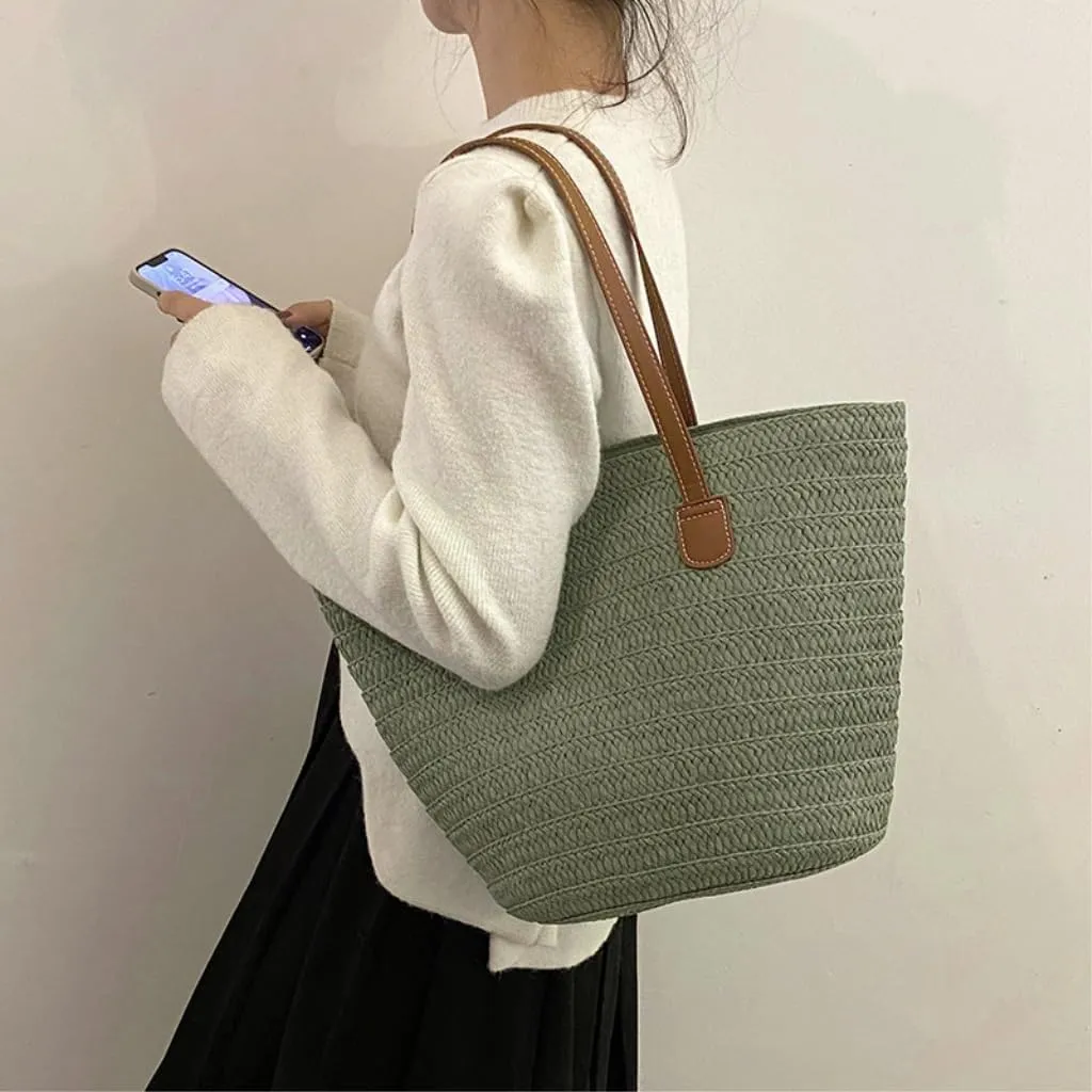 Large capacity Bag Colorful and Simple Straw Bucket - shaped Handbag: Enjoy Leisurely Outing Time Ladies shoulder Bag