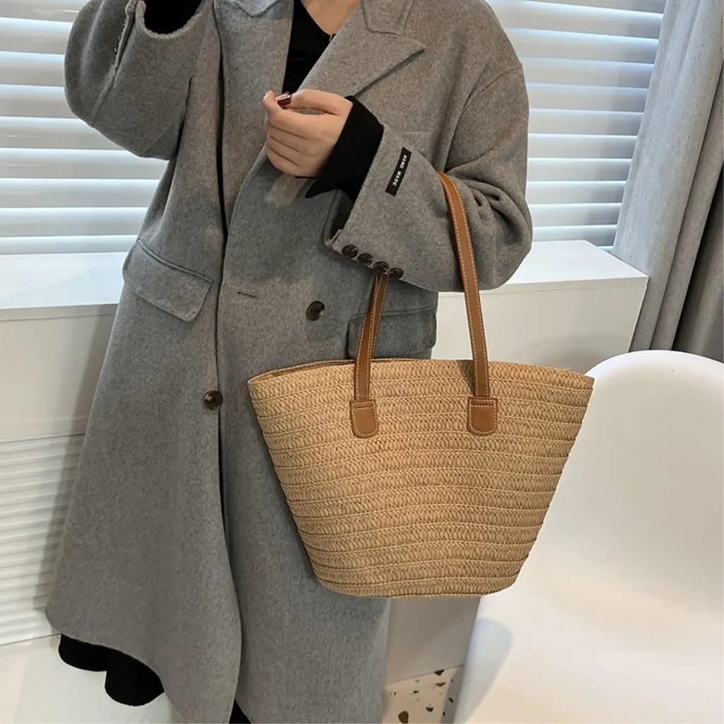 Large capacity Bag Colorful and Simple Straw Bucket - shaped Handbag: Enjoy Leisurely Outing Time Ladies shoulder Bag