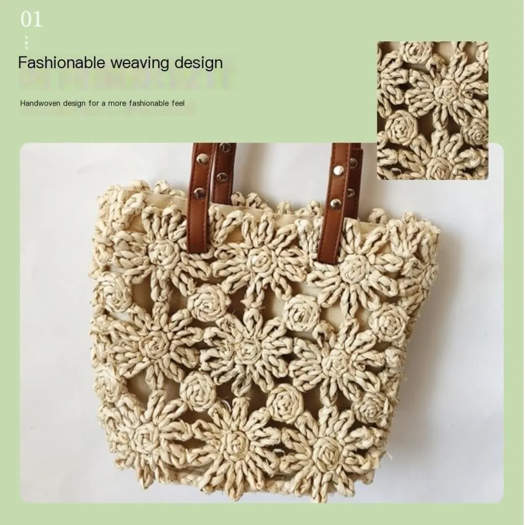 Large capacity Bag New Hand-woven Straw Bag Hollow Bucket Bag Corn Husk Braid Sewn Handbag In Stock Ladies shoulder Bag