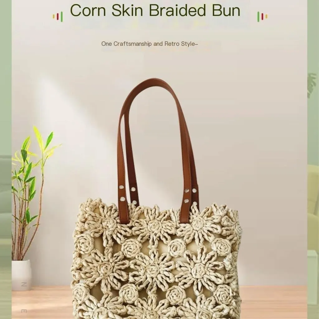 Large capacity Bag New Hand-woven Straw Bag Hollow Bucket Bag Corn Husk Braid Sewn Handbag In Stock Ladies shoulder Bag