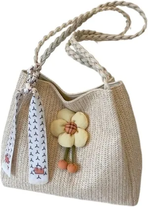 Large capacity Bag Playful Flower - adorned Straw Crossbody Bag: Encounter Street Fashion Ladies shoulder Bag
