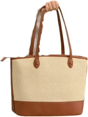 Large capacity Bag Simple and Versatile Straw Leather Handbag: Start a Carefree Journey Ladies shoulder Bag(Small)
