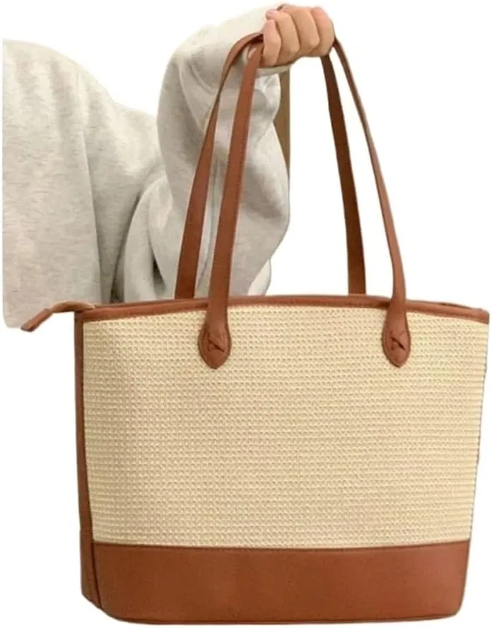 Large capacity Bag Simple and Versatile Straw Leather Handbag: Start a Carefree Journey Ladies shoulder Bag(Small)