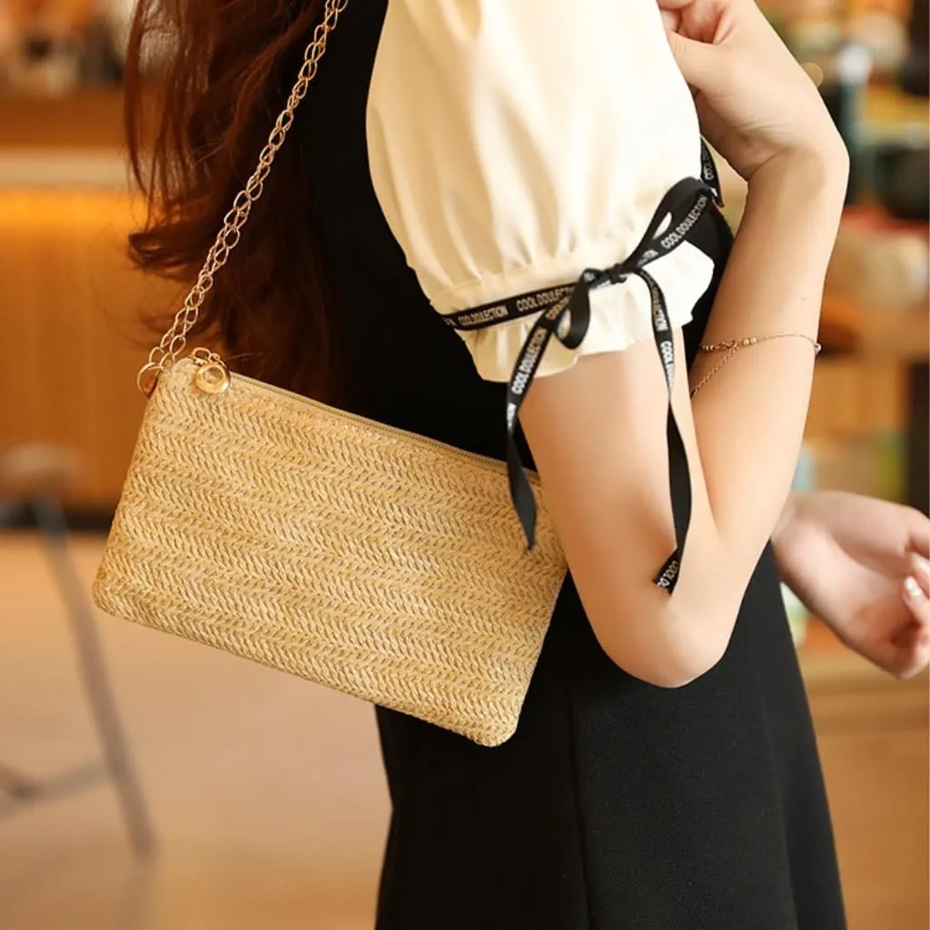 Large capacity Bag Spring And Summer Minimalist Chain Square Bag Casual Straw Element Shoulder Messenger Bag Ladies shoulder Bag(White)