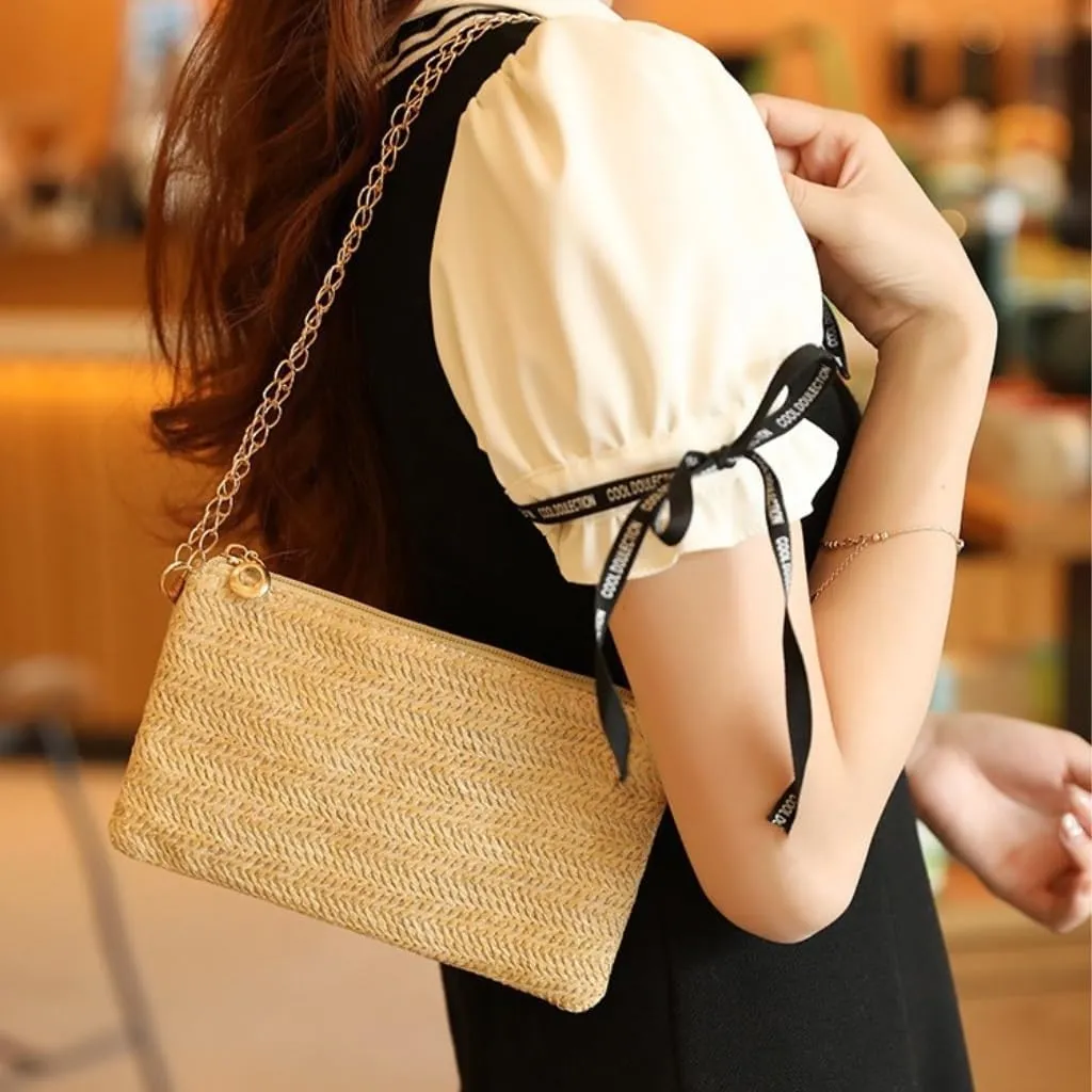 Large capacity Bag Spring And Summer Minimalist Chain Square Bag Casual Straw Element Shoulder Messenger Bag Ladies shoulder Bag(White)