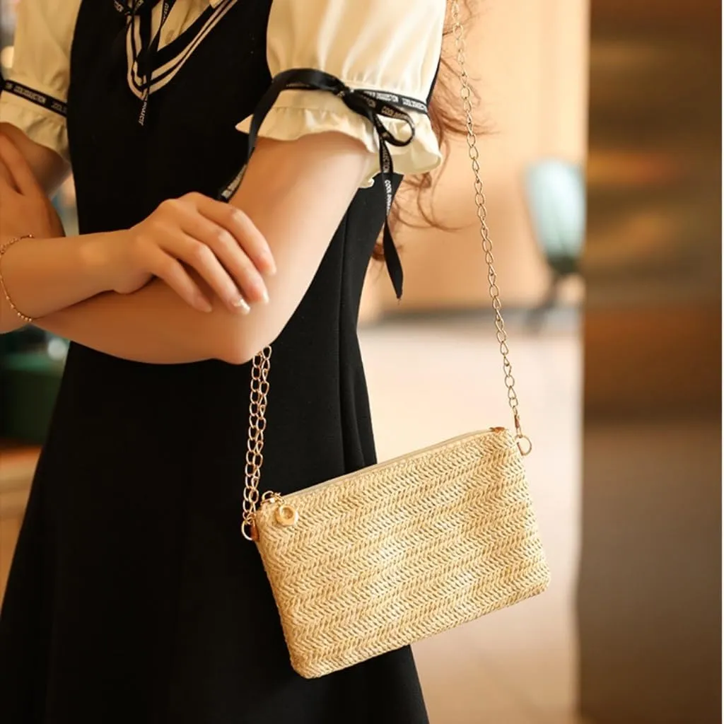 Large capacity Bag Spring And Summer Minimalist Chain Square Bag Casual Straw Element Shoulder Messenger Bag Ladies shoulder Bag(White)