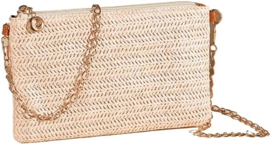 Large capacity Bag Spring And Summer Minimalist Chain Square Bag Casual Straw Element Shoulder Messenger Bag Ladies shoulder Bag(White)