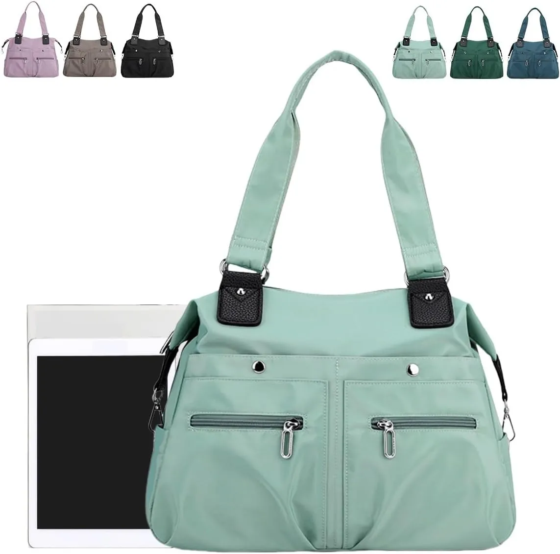 Large Capacity Nylon Shoulder Bag, Multi-Pocket Lightweight Nylon Satchel with Zip, Handbag, Work Bag, Briefcase