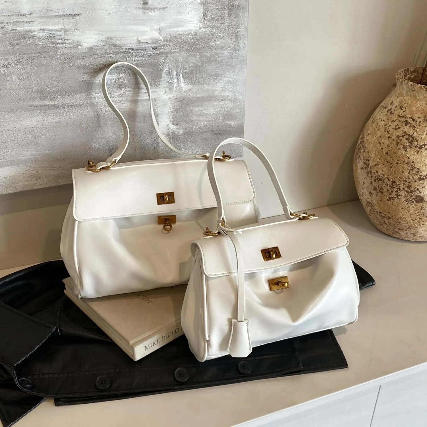 Large Capacity Underarm Bag for Women, Leather-Look Top Handle Purse with Double Latch, 4 Colors
