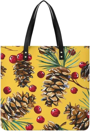 Large Grocery Bags Beach Tote Pine Cones And Cranberries Bag for Women Shoulder Bag for Travel Work Handbag