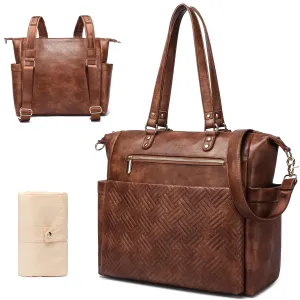 Large Leather Diaper Bag, Tote with Modern Design, Travel Essential, Diaper Backpack with Changing Pad, Laptop Compartment, Multiple Pockets, Brown