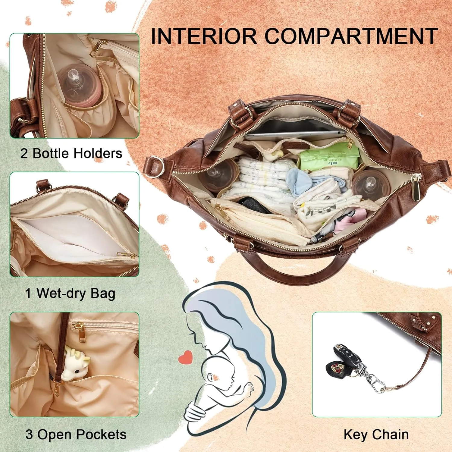 Large Leather Diaper Bag, Tote with Modern Design, Travel Essential, Diaper Backpack with Changing Pad, Laptop Compartment, Multiple Pockets, Brown