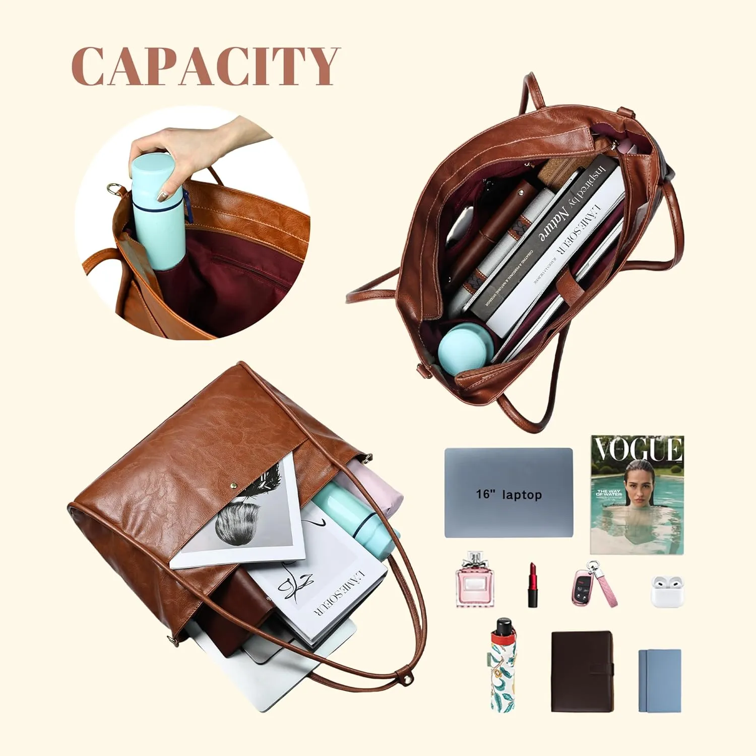 Large Tote Bag for Women Work with Zipper Vegan Leather Shoulder Bags Travel Hobo Bags for Women Weekender Bags