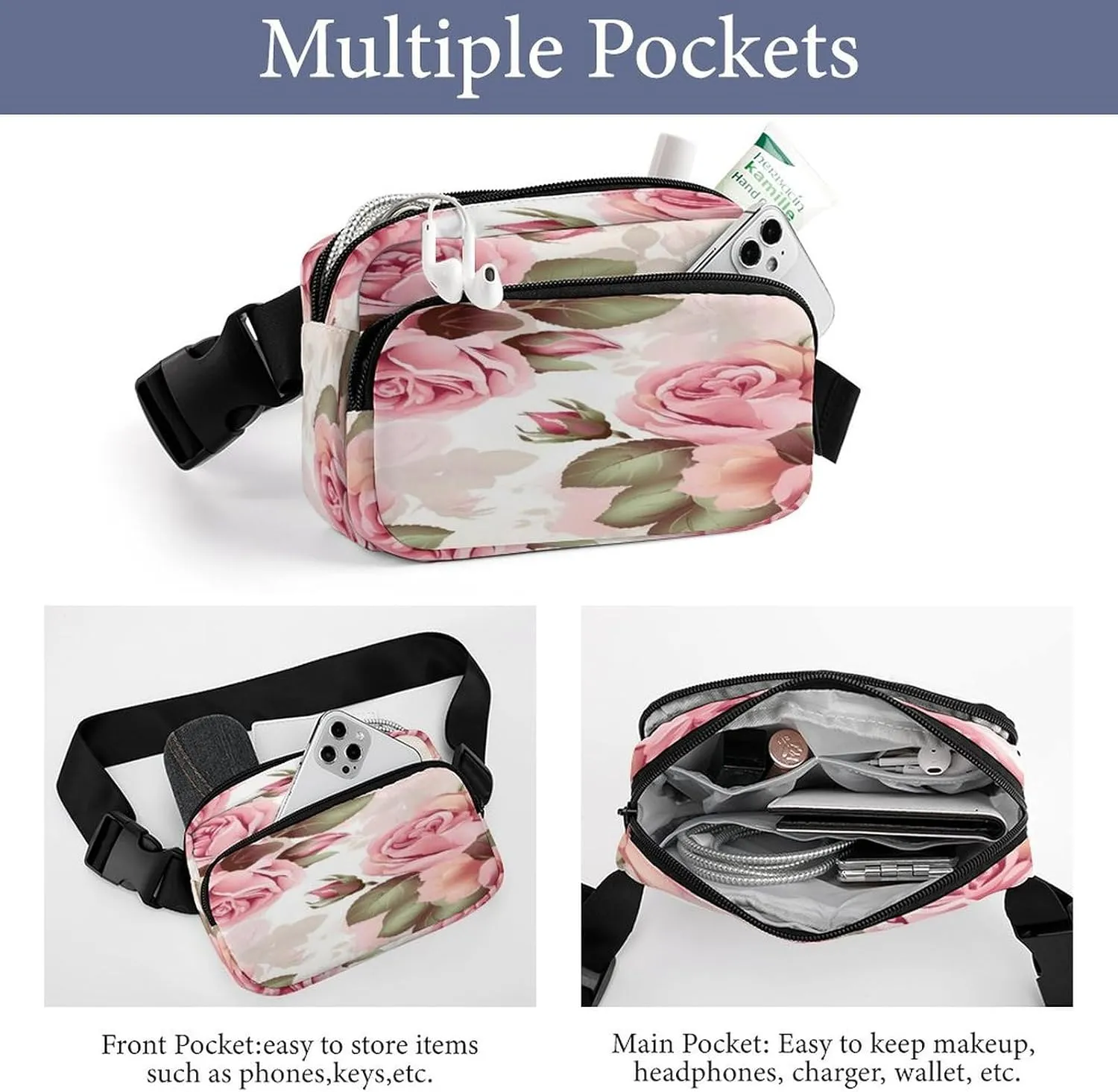 Large Waist Packs with Adjustable Strap,Rose Floral CrossBody Fanny Pack Casual Bag for Travel Sports Running Hiking