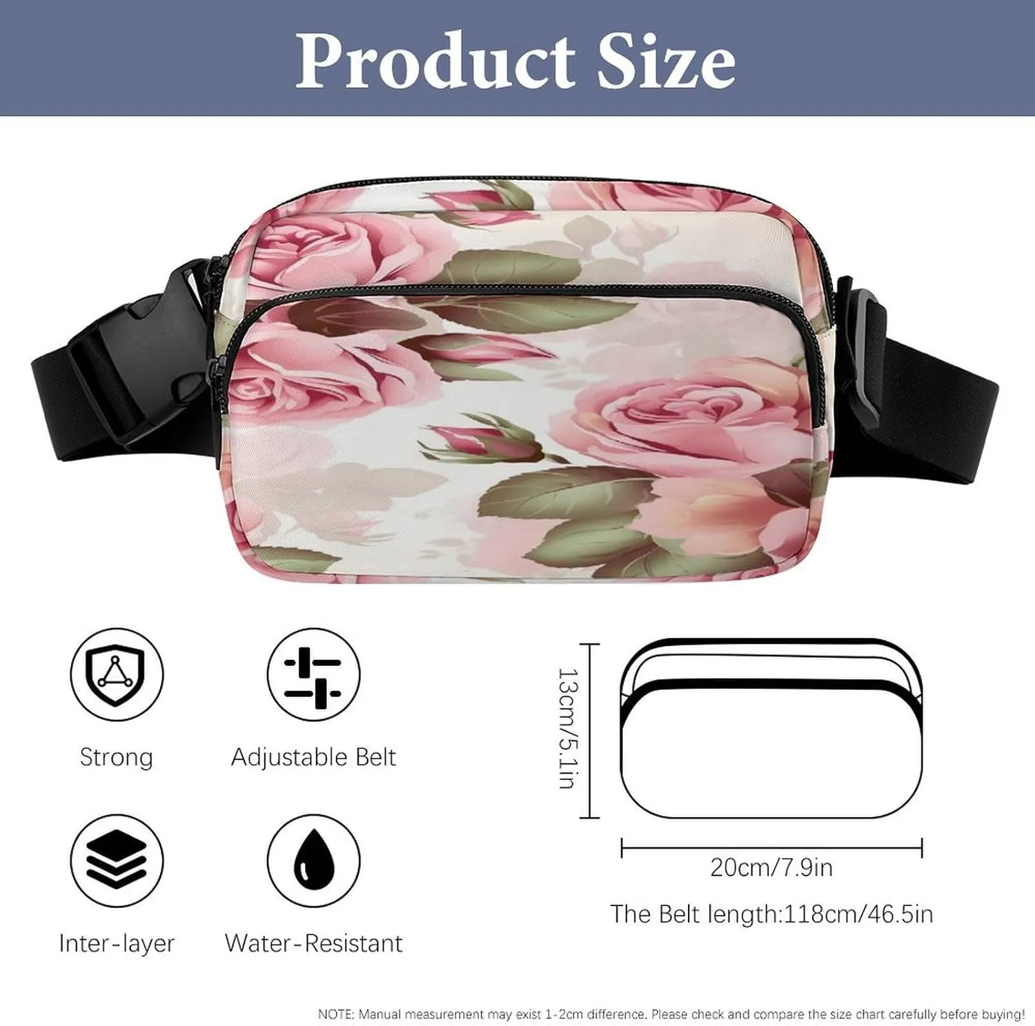 Large Waist Packs with Adjustable Strap,Rose Floral CrossBody Fanny Pack Casual Bag for Travel Sports Running Hiking